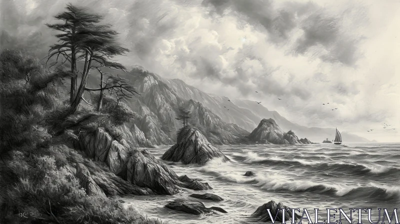 AI ART Black and White Seascape Drawing - Capturing the Power of the Sea