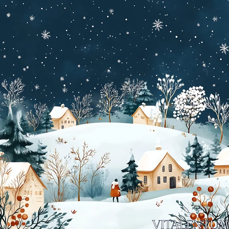 Peaceful Snowy Village Scene at Night AI Image