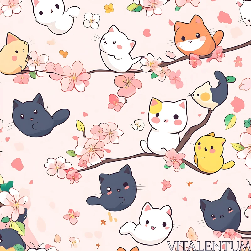 Adorable Cats and Cherry Blossoms Cartoon Art AI Image