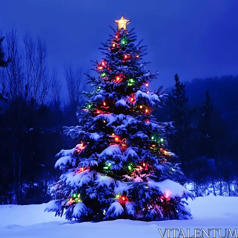 Festive Christmas Tree Adorned with Lights in Snowy Winter Night AI Image