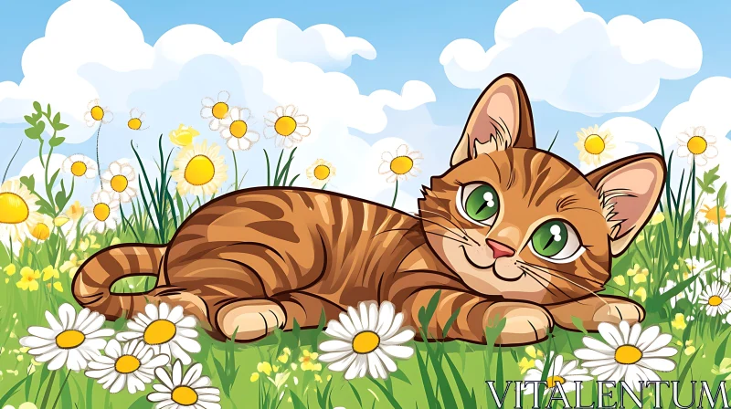 AI ART Playful Tabby Cat Relaxing Among Daisies