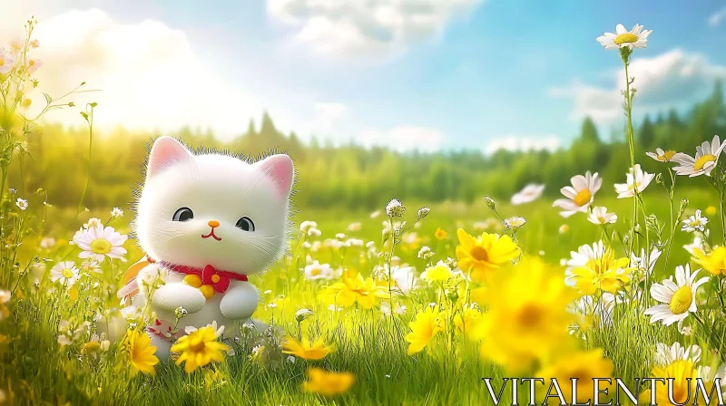 Cute Cat with Flowers in a Sunny Field AI Image