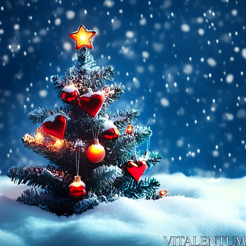 Festive Christmas Tree Decorated with Ornaments in Snowfall AI Image