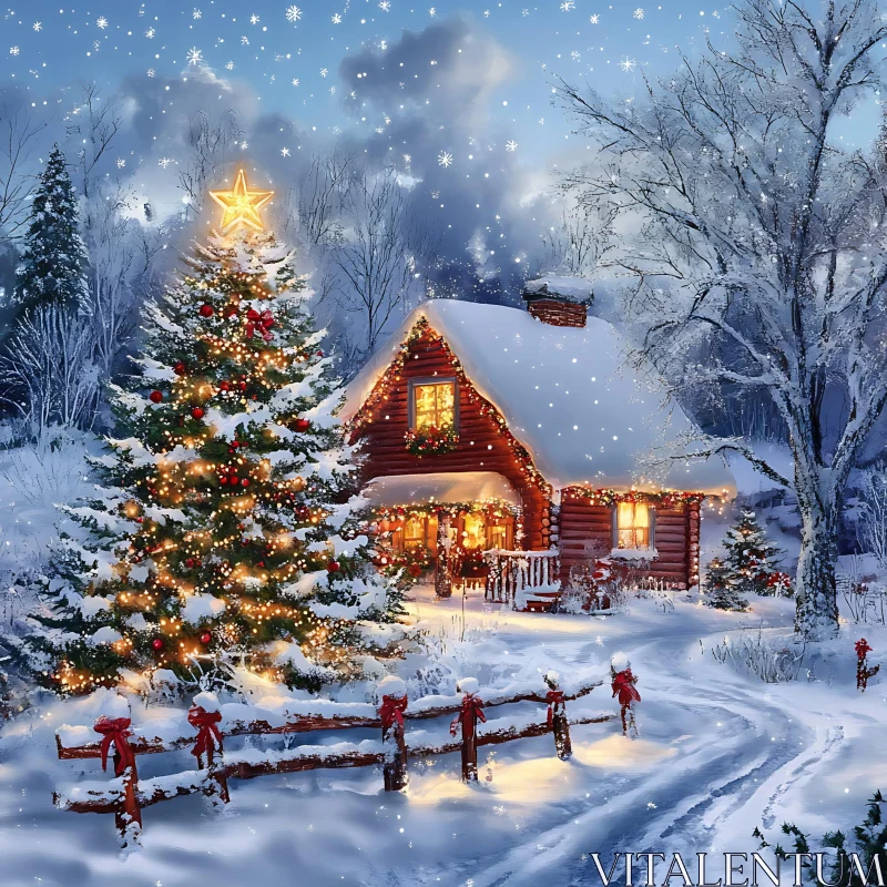 Snowy Christmas Cabin with Festive Decorations AI Image