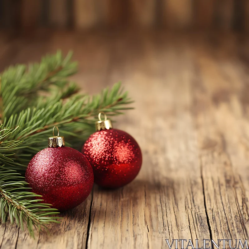 Christmas Ornaments with Pine Branches on Wooden Background AI Image