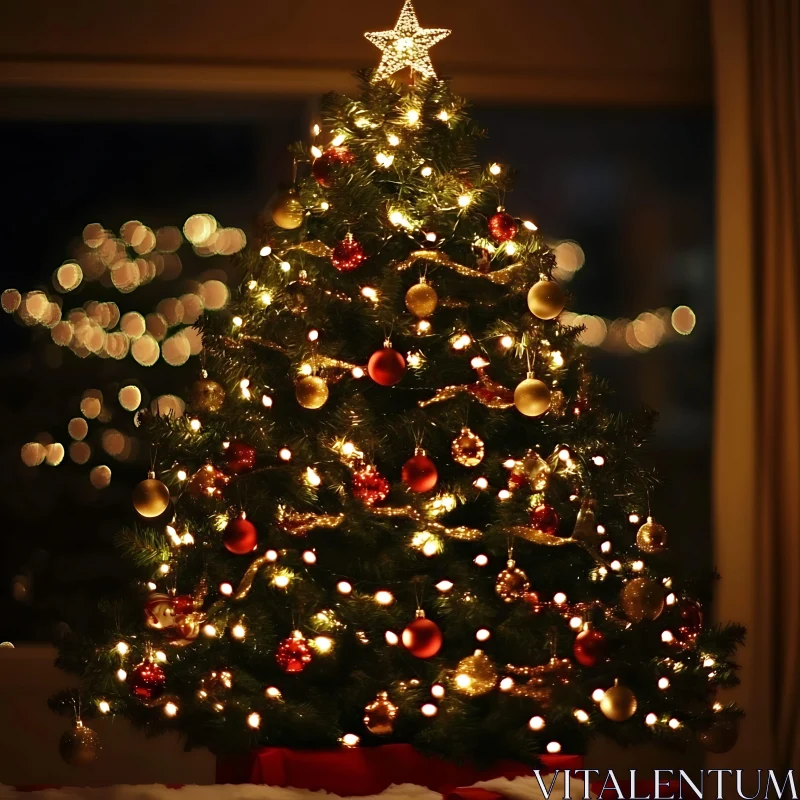 Festive Christmas Tree with Golden and Red Decorations AI Image