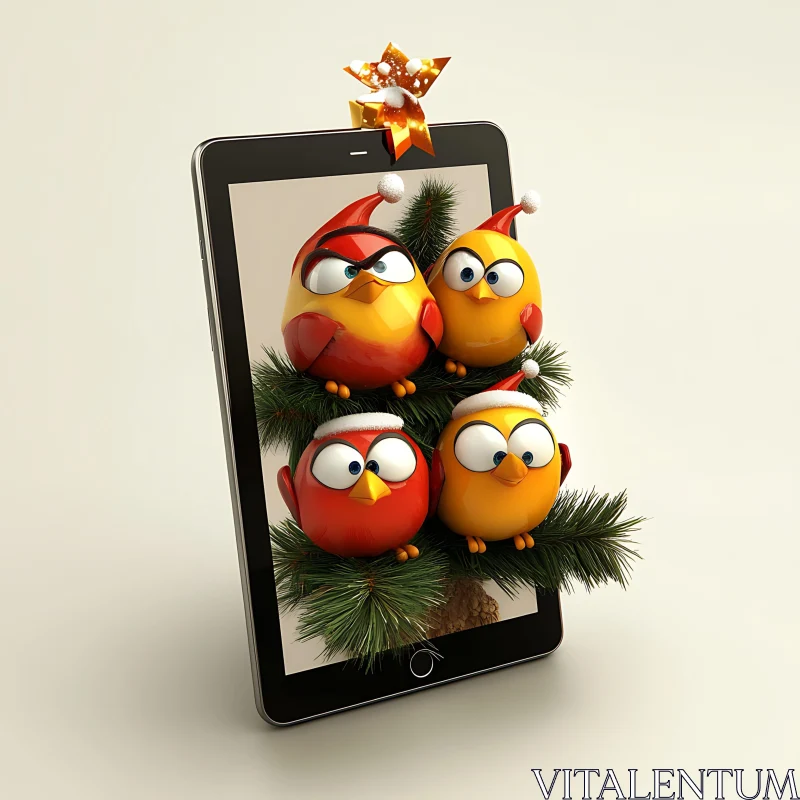 Christmas Cartoon Birds on Tablet AI Image