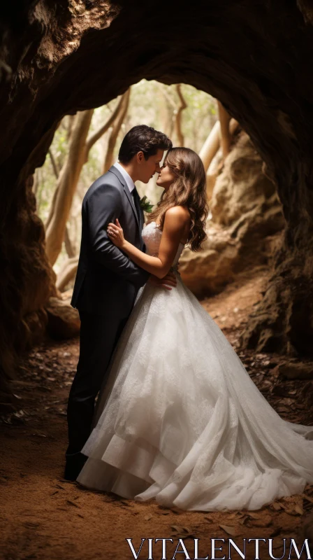 Emotive Wedding Portrait in Cave: A Touch of Glamour and Antiquity AI Image