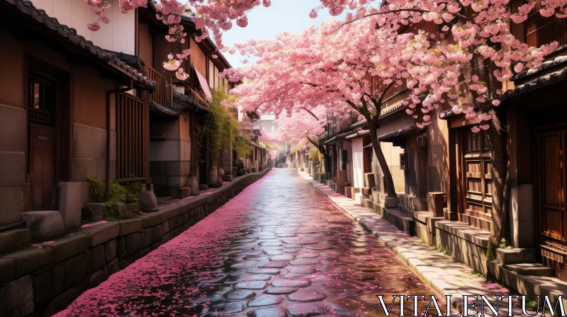 Enchanting Japanese Alley with Pink Blossoms in Dreamlike Cityscape AI Image