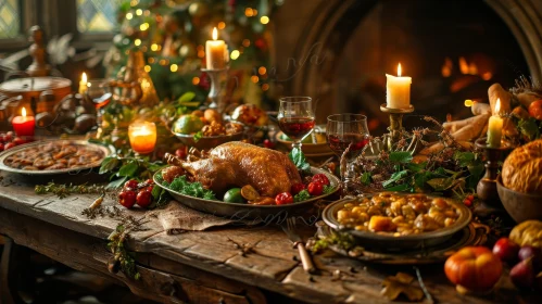 Festive Holiday Dinner Table with Roasted Turkey and Decorations