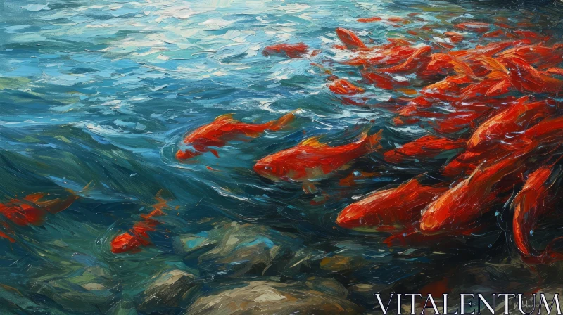 Red Fish Swimming in a Blue Sea - Realistic Painting AI Image