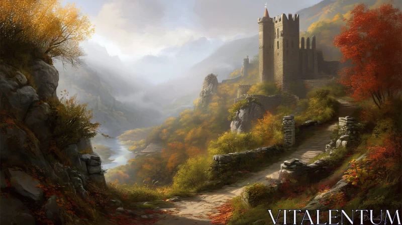 Serene Landscape Painting: Castle on a Hill AI Image