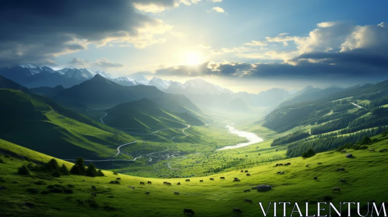 Serene Mountain Landscape in Pastoral Setting AI Image