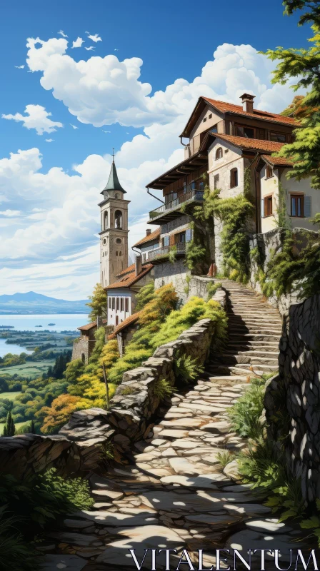 Tranquil Village Landscape on Hillside AI Image