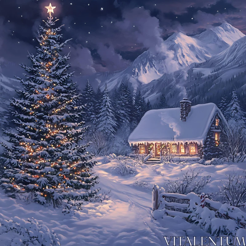 Peaceful Winter Night: Snowy Cabin with Christmas Tree AI Image