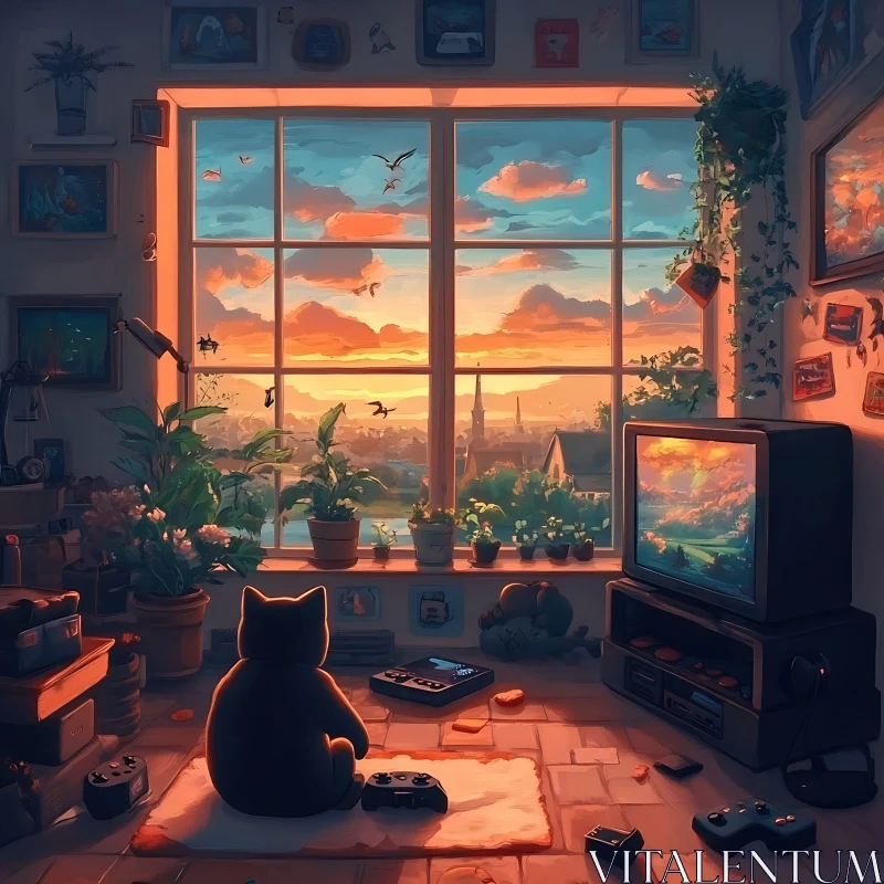 Relaxing Cat in Cozy Sunset Room AI Image