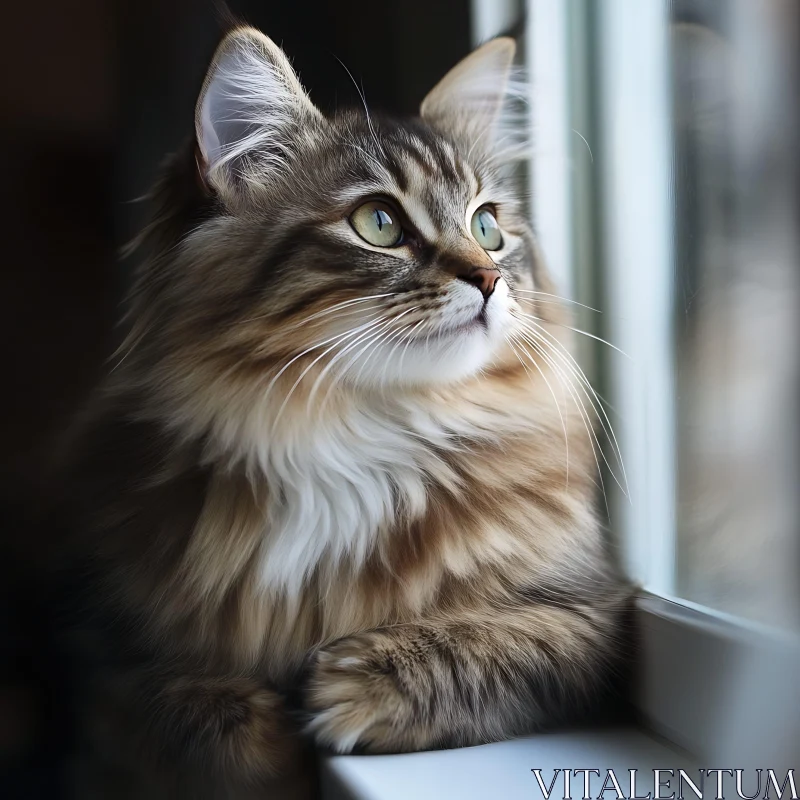 AI ART Long-haired Cat with Green Eyes at Window