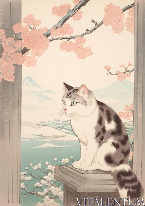 AI ART Traditional Cat with Blossom Background