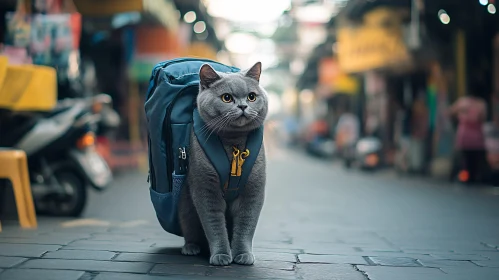 Grey Cat with Backpack Exploring City Streets