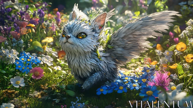 Fantasy Creature Amidst Blossoming Flowers AI Image