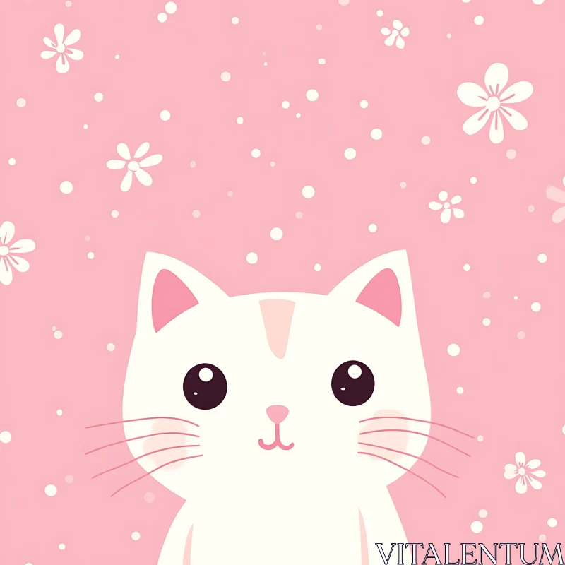 Charming White Cat with Floral Pink Backdrop AI Image