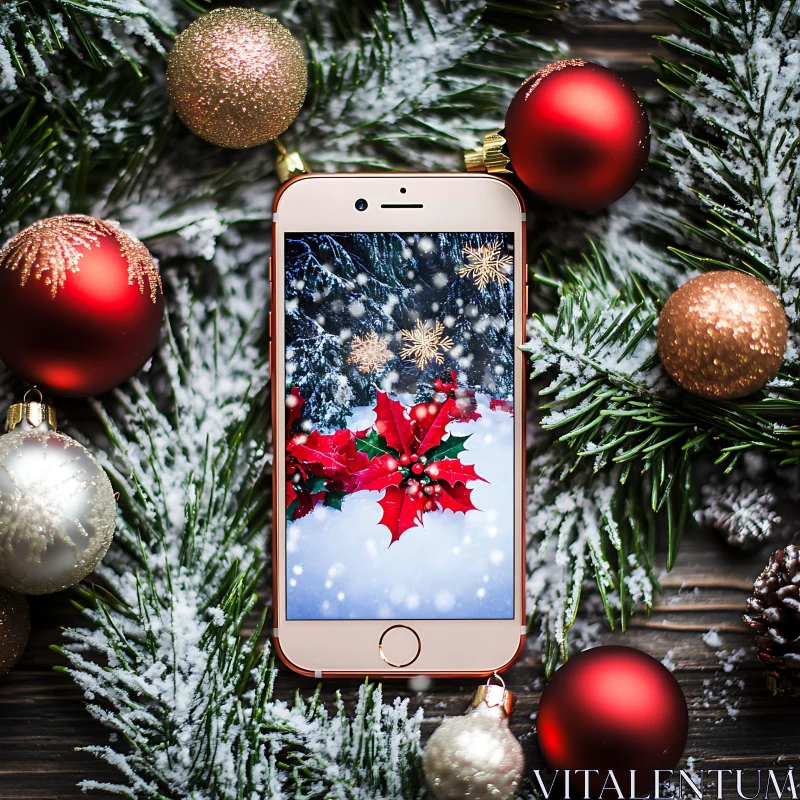 Holiday Smartphone Display with Pine and Ornaments AI Image