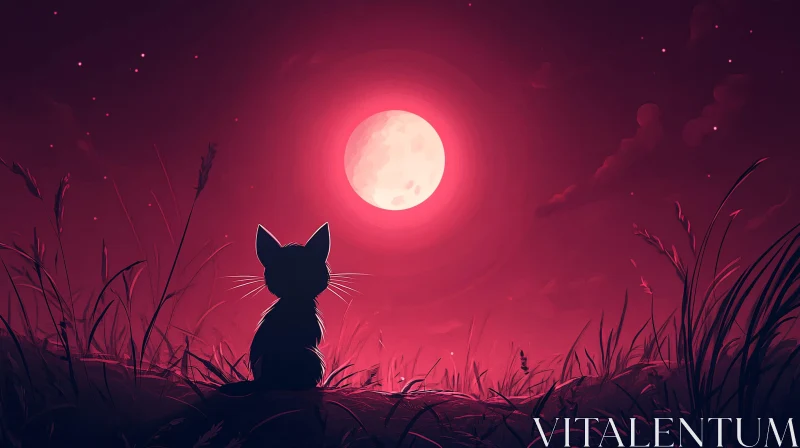 Silhouette of Cat in Red Moonlight AI Image