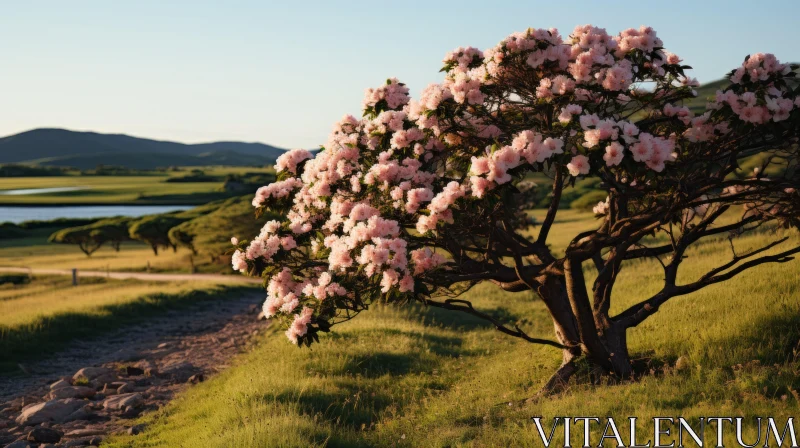 Blossoming Tree in Scottish Landscapes - Light Bronze and Pink Hues AI Image