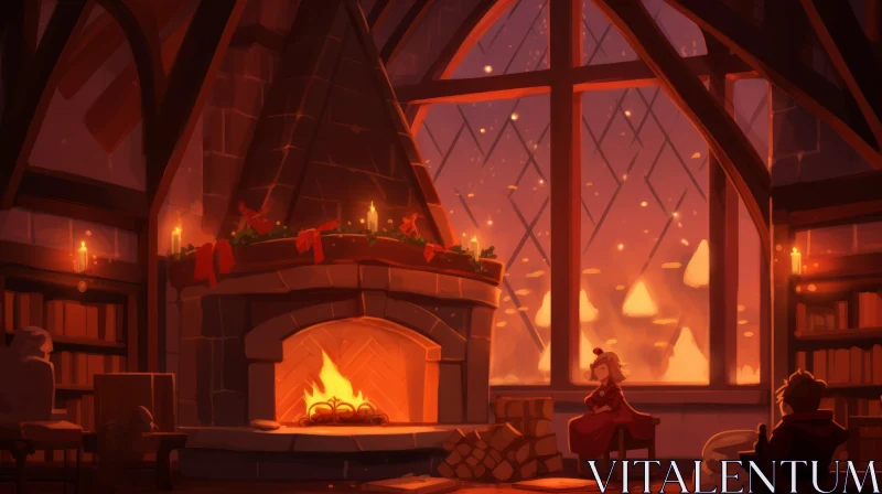 Captivating Anime Art: A Festive Fireplace and Window View AI Image
