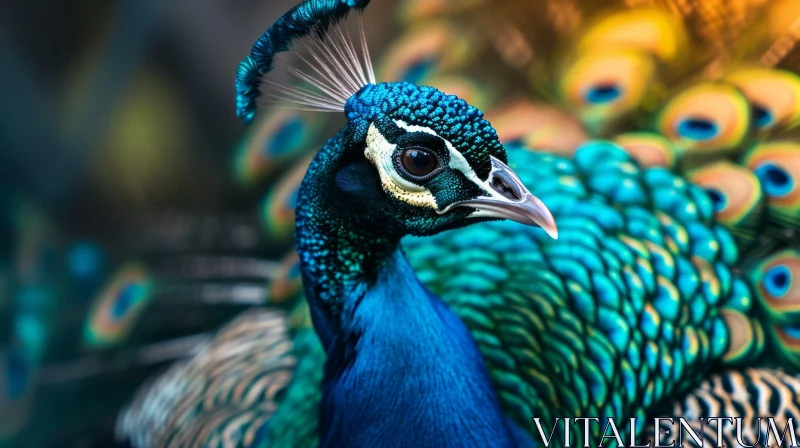 Close-Up of a Peacock's Head and Neck with Vibrant Blue-Green Feathers AI Image