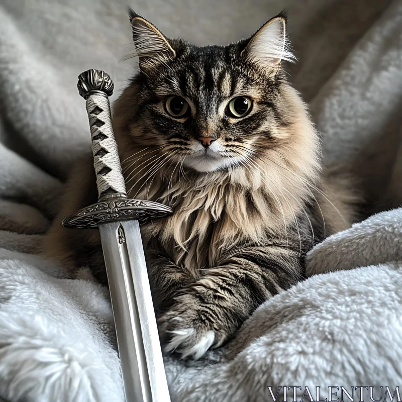 Noble Cat with Silver Sword on Soft Blanket AI Image