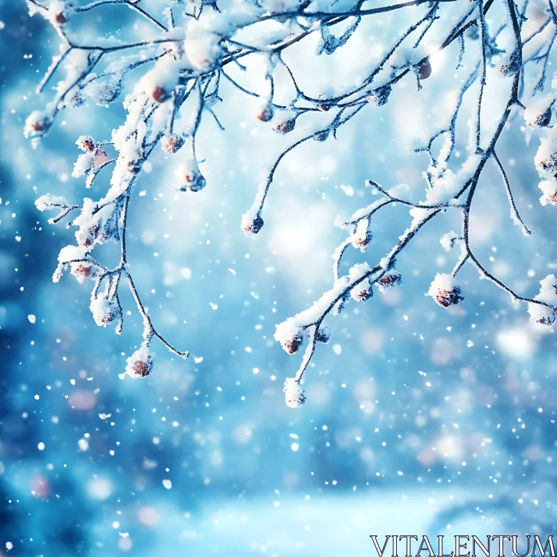 Snow-Covered Winter Branches in Blue Hues AI Image