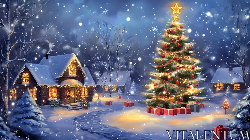 Winter Christmas Scene with Lit Cottage and Tree AI Image