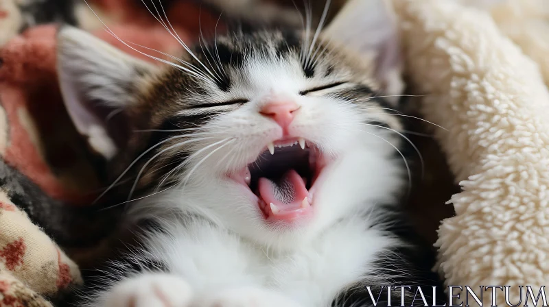 Cute Yawning Kitten Snuggled in Warm Blankets AI Image