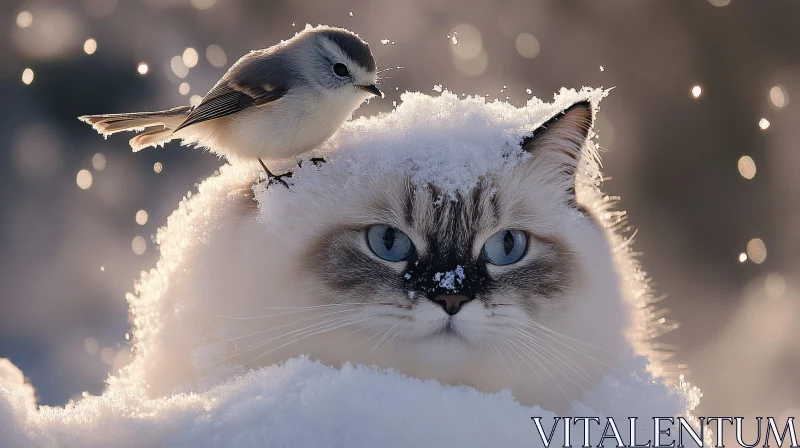 Whimsical Cat and Bird in Serene Winter Setting AI Image