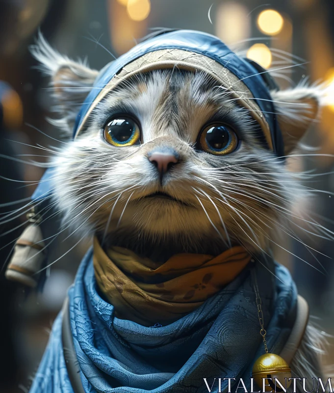 Cute Cat with Big Eyes and Blue Scarf AI Image