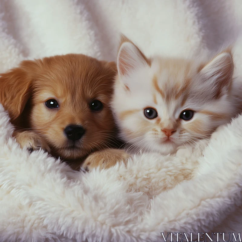 Cute Puppy and Kitten in Cozy Blanket AI Image