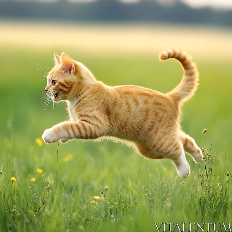 Playful Orange Cat in a Green Meadow AI Image