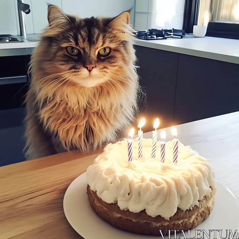 AI ART Cute Cat and Birthday Cake Image