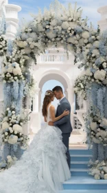 Elegant Wedding Scene with Bride, Groom and Floral Arch