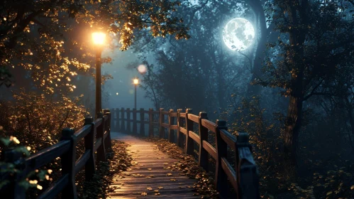 Enchanting Wooden Bridge in a Dark Forest at Night