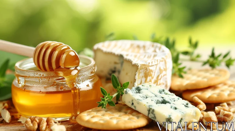 Exquisite Wooden Table with Cheese, Honey, and Crackers AI Image