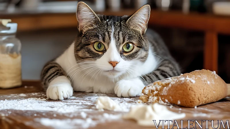 Cat Exploring Kitchen with Flour and Bread AI Image