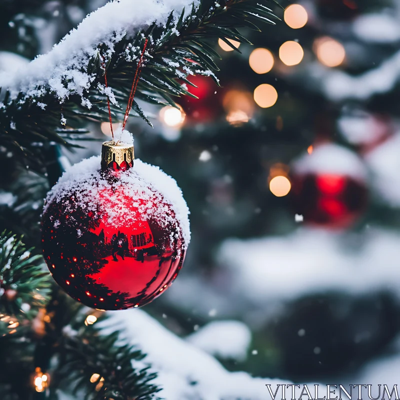 Festive Red Bauble on Snow-Laden Branch AI Image