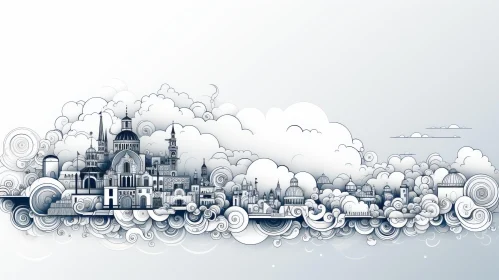 Intricate Cityscape Illustration with Atmospheric Clouds