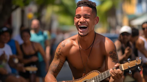 Lively Music Performance: Man Playing Guitar in Vibrant Street Decor