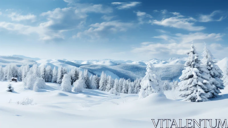 Serene Winter Landscape with Snowy Trees and Blue Sky AI Image