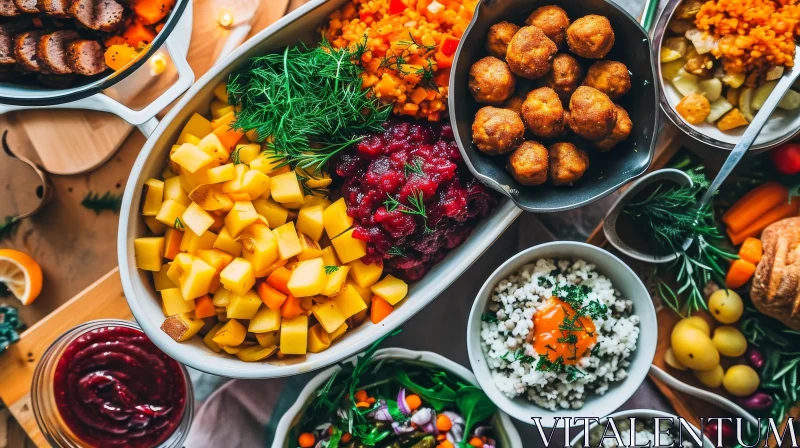 Swedish Christmas Delights: Meatballs, Potatoes, and Lingonberry Jam AI Image