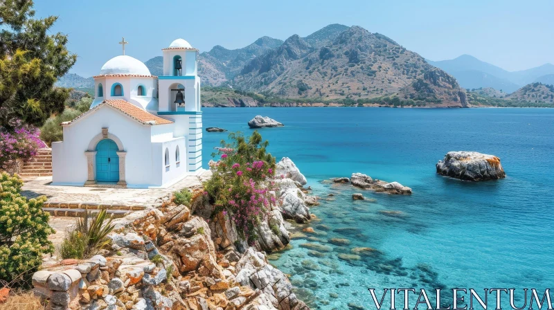 White Church on Mediterranean Coast | Serene Nature Scene AI Image