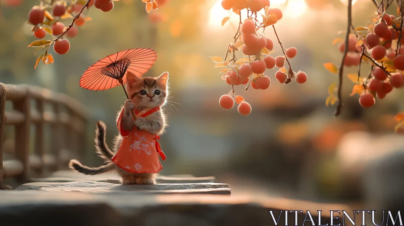 Cute Kitten in Traditional Red Outfit Outdoors AI Image